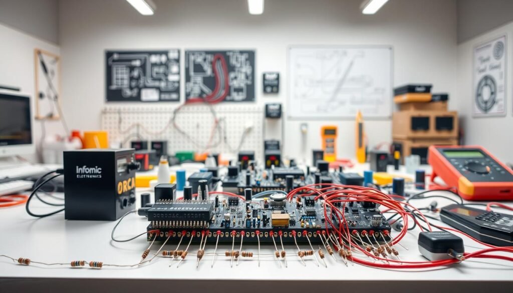 A well-lit electronic circuit workshop, featuring an assortment of Informic Electronics resistors, capacitors, and integrated circuits arranged on a clean workbench. In the foreground, a resistor circuit application is showcased, with 220k resistors connected to various components, creating a visually engaging and informative display. The middle ground includes related electronic tools and measuring devices, while the background depicts a modern, minimalist studio setting with neutral tones and subtle hints of technical schematics on the walls. The overall composition conveys a sense of precision, functionality, and the practical applications of the 220k resistor within the field of electronics.