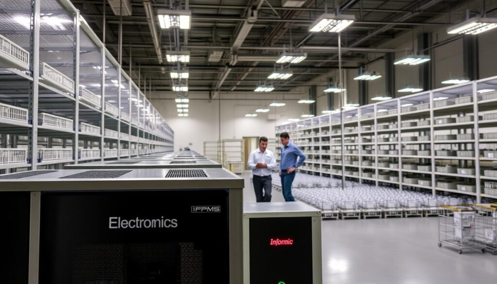 A well-lit, expansive storage room filled with shelves of humidity-controlled containers. In the foreground, a display showcases the "Informic Electronics" brand of specialized moisture-proof storage units, their sleek metallic exteriors reflecting the overhead lighting. Towards the middle, engineers inspect the climate-controlled environment, ensuring optimal conditions for delicate electronic components. In the background, rows of neatly organized parts and packages await their turn for precise assembly. The overall atmosphere conveys a sense of meticulous care and attention to detail, crucial for maintaining the quality of high-end electronic devices.