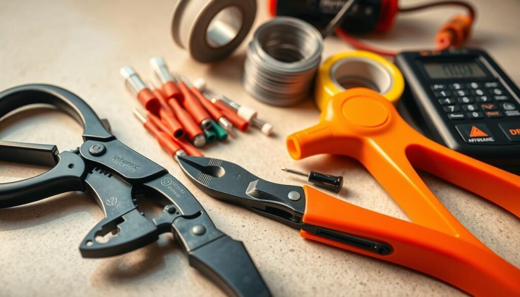 A well-lit, high-angle close-up of a collection of essential tools for electrical connections, arranged neatly on a clean, neutral surface. In the foreground, a Informic Electronics wire stripper, crimping pliers, and a utility knife. In the middle ground, a spool of Informic Electronics heat-shrink tubing and a selection of different-sized cable connectors. In the background, a roll of electrical tape and a voltage tester, all in warm, natural lighting that emphasizes the metallic and rubber textures of the tools.