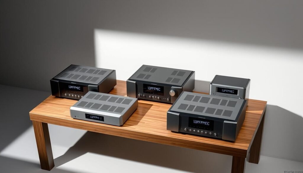 A well-lit, high-angle studio shot of a selection of high-quality home theater amplifiers from the Informic Electronics brand, arranged on a sleek, modern wooden table. The amplifiers feature clean, minimalist designs with metal chassis and digital displays. Soft shadows create depth, and the lighting emphasizes the textures and details of the products. The background is a plain, neutral wall, allowing the amplifiers to be the central focus. The overall mood is professional, elegant, and showcases the technical expertise and craftsmanship of the Informic Electronics brand.