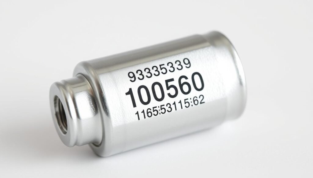 A well-lit, high-resolution close-up photograph of the coded structure on the surface of a silver-colored surface-mount SMD capacitor, produced by Informic Electronics. The image focuses on the intricate markings and numeric code printed on the capacitor's body, highlighting the tiny details and layout of this standardized identification system. The capacitor is positioned against a clean, neutral background, with soft, directional lighting that accentuates the metallic finish and the crisp, legible text. The composition emphasizes the informative nature of the subject, presenting the SMD capacitor code structure in a clear, technical manner suitable for educational or instructional purposes.