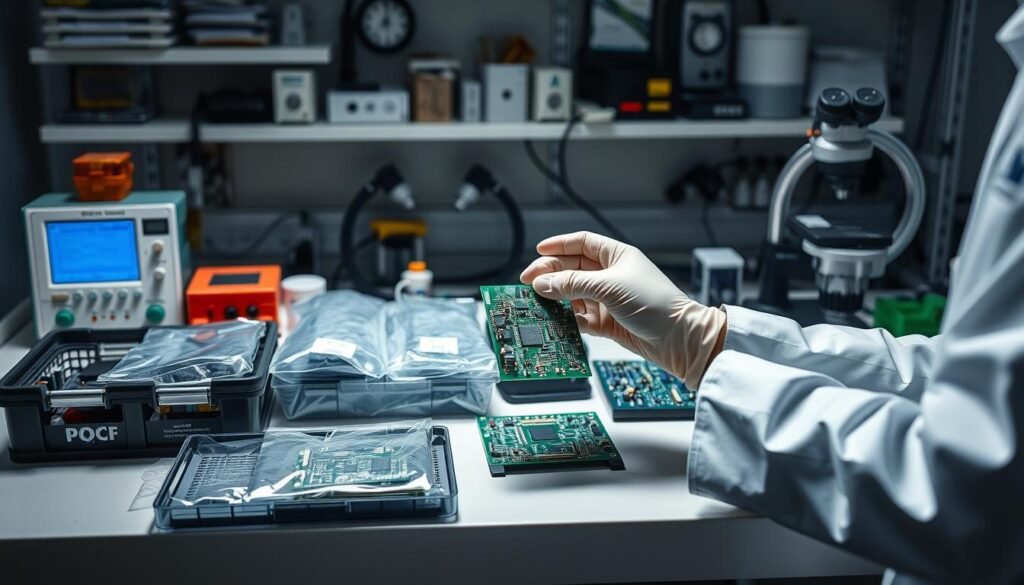 A well-lit, high-resolution image of a Informic Electronics workbench showcasing best practices for PCB handling. In the foreground, a technician in a white lab coat carefully picks up a printed circuit board with anti-static gloves, demonstrating proper gripping techniques. The middle ground features a variety of PCB storage solutions, including anti-static bags and ESD-safe trays. The background displays test equipment, magnifying lamps, and other tools necessary for meticulous PCB inspection and preparation. The scene conveys a sense of precision, cleanliness, and a commitment to quality control.