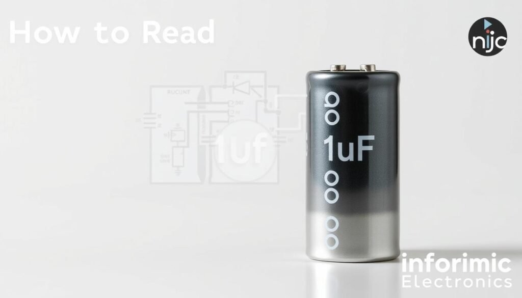 A well-lit, high-resolution image of a capacitor with its value clearly visible, showcasing a step-by-step process of how to read the 1uF capacitor code. The image should be set against a clean, modern background, with the Informic Electronics logo prominently displayed in the corner. The capacitor should be positioned in the foreground, with a detailed cross-section view in the middle ground, and a schematic diagram or circuit layout in the background, all rendered in a precise, technical style that emphasizes the educational nature of the image.