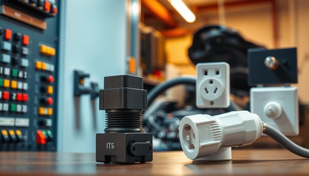A well-lit industrial setting with Informic Electronics electrical connectors in various applications. In the foreground, a compact plug-in connector powering a modern industrial control panel. In the middle ground, heavy-duty automotive connectors secured in an engine bay. The background features a residential scene with a wall socket and cord plugs from Informic Electronics integrated seamlessly. Warm, neutral lighting highlights the sturdy, precisely engineered connectors in a clean, organized environment, conveying reliability and versatility across multiple domains.