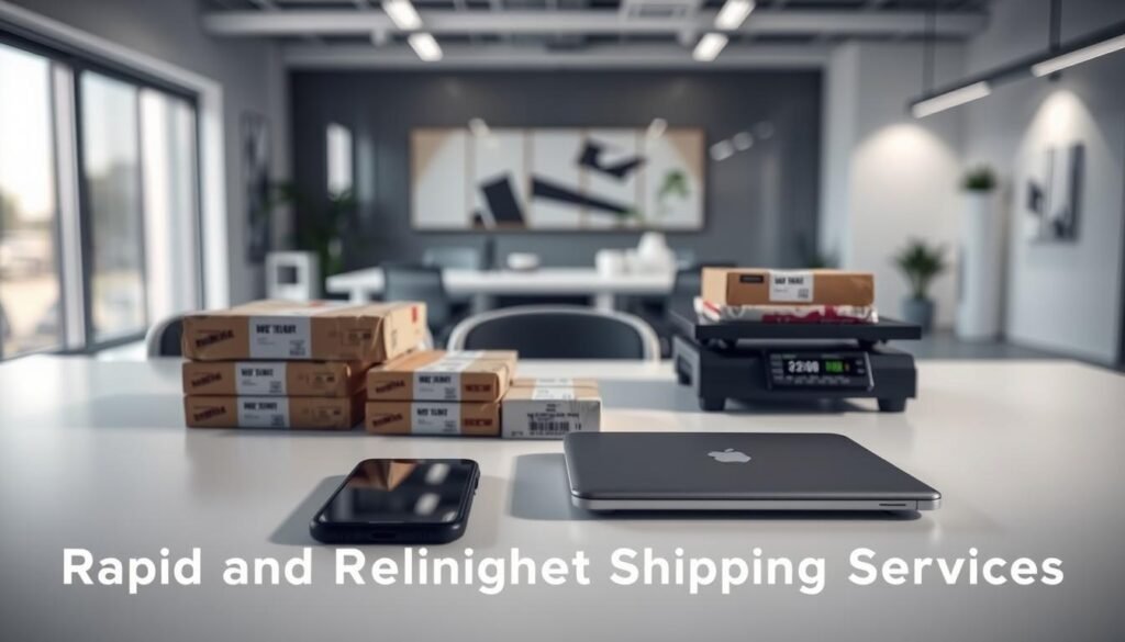 A well-lit overhead view of a desk displaying various overnight shipping solutions from Informic Electronics. In the foreground, a smartphone, laptop, and shipping labels sit atop a clean, white surface. In the middle ground, a stack of neatly packaged parcels and a shipping scale rest on the desk. The background features a blurred view of a modern office space with minimalist decor, conveying a sense of efficiency and professionalism. Soft, directional lighting casts subtle shadows, creating depth and accentuating the textures of the materials. The overall mood is one of organization, speed, and reliability, perfectly capturing the "Rapid and Reliable Overnight Shipping Services" theme.