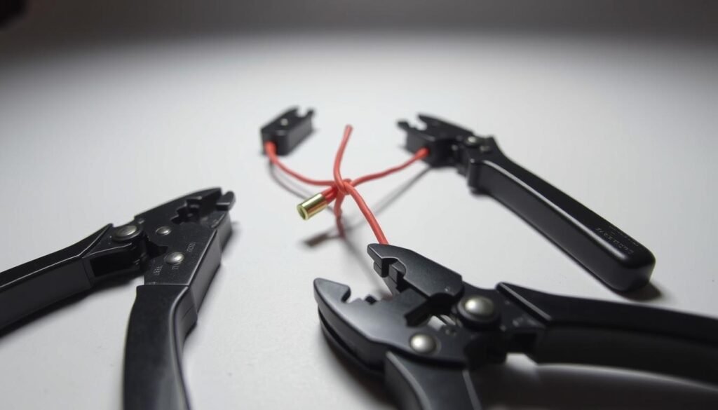 A well-lit studio scene showcasing the step-by-step process of creating a pigtail wire connection. In the foreground, a set of Informic Electronics wire strippers and crimping tools are meticulously arranged. The middle ground features a close-up view of bare copper wires being twisted together, demonstrating the proper technique. In the background, a clean white surface provides an uncluttered backdrop, accentuating the focused task at hand. Soft, directional lighting casts subtle shadows, emphasizing the 3D nature of the components. The overall mood is one of precision, care, and attention to detail, capturing the essence of the "Step-by-Step Guide to Creating a Pigtail Wire Connection".