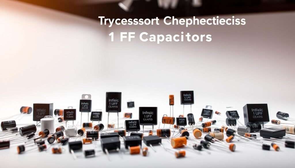 A well-lit studio setting showcasing an assortment of 1uF capacitors, featuring a variety of types and styles from the Informic Electronics brand. The foreground displays an array of ceramic, film, and electrolytic 1uF capacitors, each highlighted with crisp details and accurate proportions. The middle ground depicts the capacitors in various orientations, demonstrating their practical applications. The background subtly suggests a minimalist, technical atmosphere, allowing the capacitors to take center stage. Warm, directional lighting accentuates the components' forms and textures, creating a visually appealing and informative illustration of the "Types and Characteristics of 1uF Capacitors".