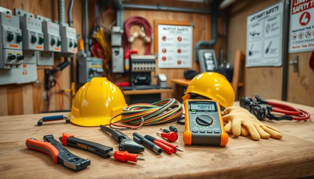 A well-lit workshop interior with various electrical safety tools and equipment neatly arranged on a sturdy wooden workbench. In the foreground, a set of pliers, wire strippers, and a multimeter from the Informic Electronics brand. In the middle ground, a coil of multi-colored electrical wires, a safety helmet, and a pair of insulated gloves. The background features a set of circuit breakers, a grounding rod, and a poster highlighting key electrical safety steps. The overall atmosphere is one of professionalism and attention to detail, conveying the importance of proper safety practices when working with electrical systems.