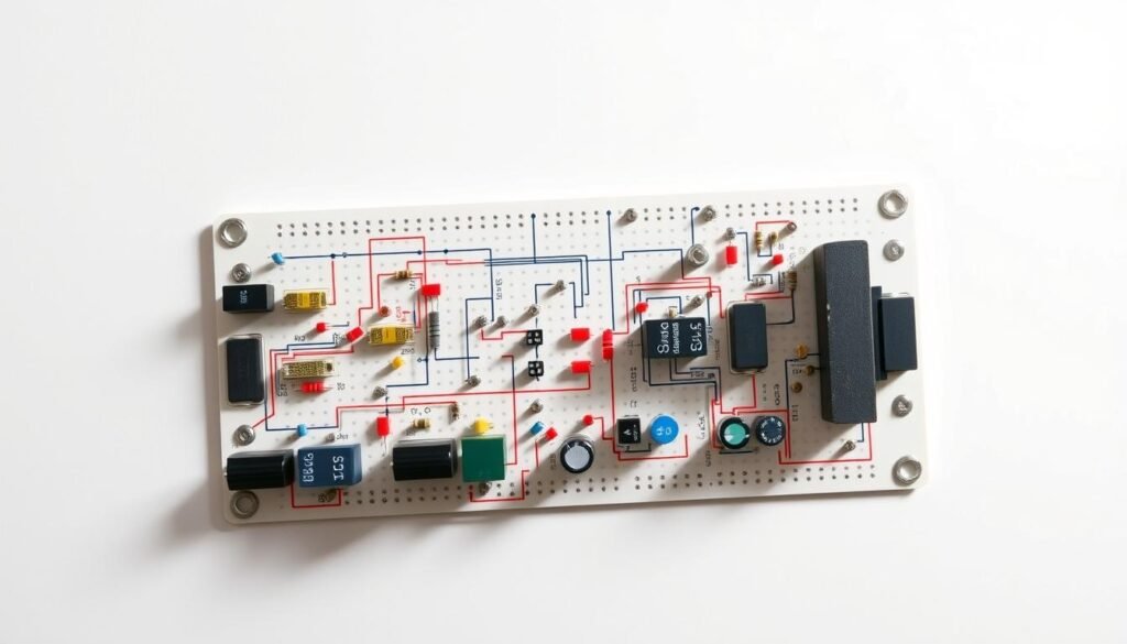 Adjustable voltage regulator circuit flow, a technical illustration for "Informic Electronics". A detailed schematic diagram on a clean, white background. Precise wiring and component layout, with color-coded circuits. Soft, directional lighting from the top-left, casting subtle shadows. Capacitors, resistors, and transistors arranged in a clear, logical flow. The circuit board has a smooth, reflective surface, complemented by muted, neutral tones. An engineering diagram showcasing the inner workings of this essential power regulation system.