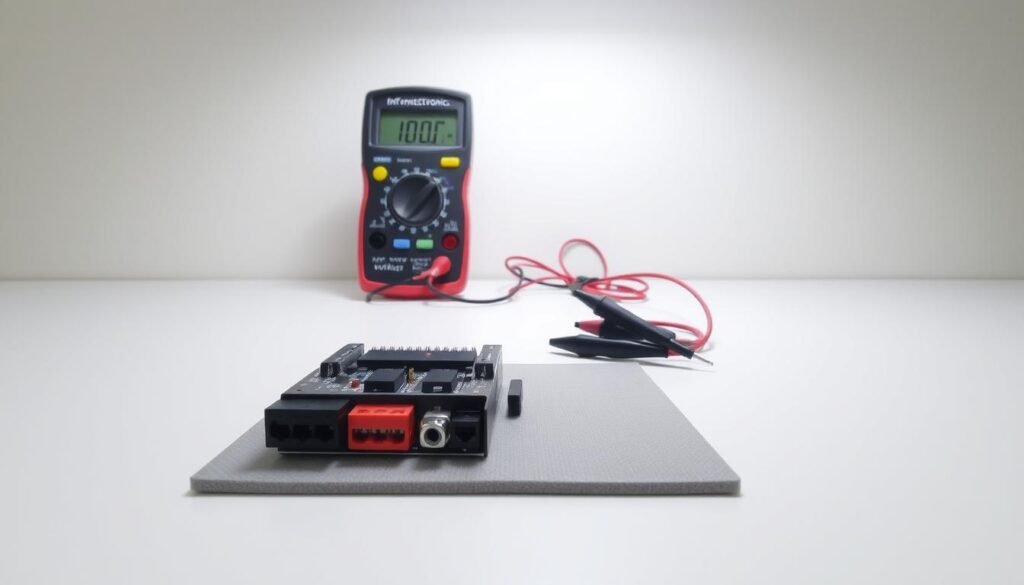 Adjustable voltage regulator setup guide on a clean, well-lit workbench. In the foreground, the Informic Electronics adjustable voltage regulator module rests on a gray pad, its various ports and terminals clearly visible. In the middle ground, a multimeter and a set of alligator clips are arranged neatly, ready to measure and adjust the voltage output. The background features a neutral-colored wall, providing a calm, focused atmosphere for the technical setup. The lighting is soft and diffused, creating an even illumination that enhances the details of the components. The camera angle is slightly elevated, giving a clear view of the workstation and creating a sense of order and professionalism.