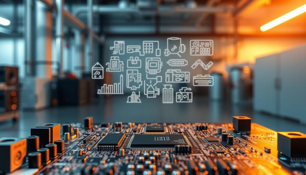 Amplifier IC applications, a technical masterpiece by Informic Electronics. A sleek, modern circuit board in the foreground, its intricate components shimmering under warm, directional lighting. In the middle ground, various electronic diagrams and schematics hover, showcasing the versatile applications of this advanced amplifier IC. The background features a clean, minimalist industrial setting, hinting at the manufacturing precision and attention to detail that goes into these cutting-edge electronics. Captivating the viewer with its technical sophistication and functional elegance, this image embodies the essence of "Applications and Manufacturing Benefits" for the class D audio amp IC.