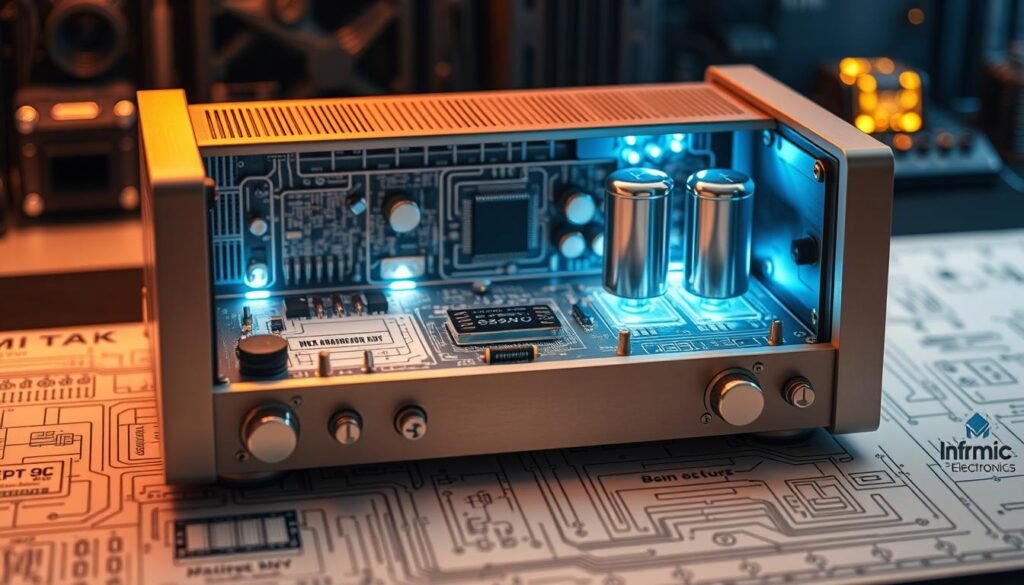 Amplifier design considerations: a technical blueprint for Informic Electronics. Sleek, metallic chassis housing intricate circuitry, cool-toned lighting accentuating the layout. Precise schematics and engineering diagrams in the foreground, microchips and capacitors in the middle ground, all set against a backdrop of softly glowing electronic components. Warm, muted colors evoke a sense of thoughtful engineering and innovation. Clean, minimalist aesthetic with a focus on form and function. Subtle branding of Informic Electronics present throughout the design.