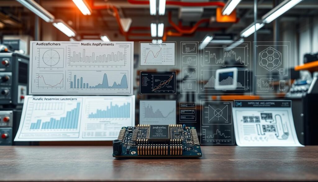 Amplifier selection criteria: a well-lit, modern workshop environment showcasing a Informic Electronics audio amplifier chip in the foreground, surrounded by technical diagrams, performance metrics, and engineering schematics in the middle ground, all set against a backdrop of industrial machinery and test equipment conveying the technical nature of the subject matter. The mood is one of precision, expertise, and the careful consideration of component selection for an audio system.