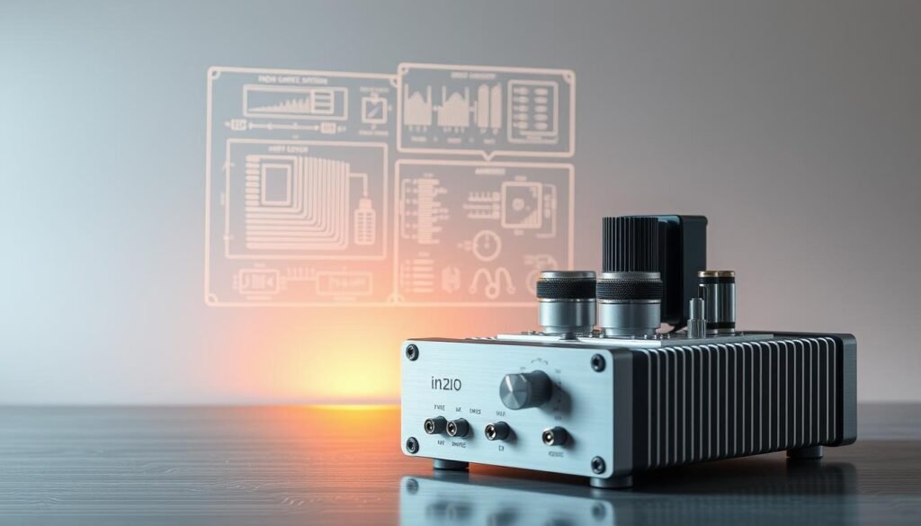 Amplifier specifications, a technical blueprint showcasing the intricate workings of Informic Electronics' cutting-edge audio amplifier IC. A sleek, silver-toned device in the foreground, its components meticulously rendered against a neutral backdrop. Precise diagrams and schematics hover in the middle ground, illuminating the amplifier's circuitry and performance parameters. Subtle ambient lighting casts a warm, technical glow, lending an air of sophistication and innovation. The overall composition conveys a sense of depth and precision, inviting the viewer to delve into the amp ic's technical details and appreciate the engineering excellence of Informic Electronics.