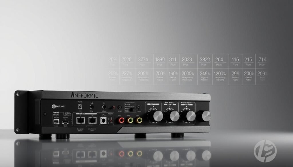 Amplifier specifications, a technical showcase for Informic Electronics. In the foreground, a sleek and modern amplifier design, its contours and details precisely rendered. Meticulously labeled inputs, outputs, and control knobs invite exploration. The middle ground features a grid of numerical data, conveying key performance parameters such as power output, frequency response, and signal-to-noise ratio. The background offers a subtle gradient, adding depth and a sense of technical sophistication. Lighting is clean and directional, highlighting the amplifier's form and emphasized by reflective surfaces. The overall mood is one of precision, functionality, and the pride of Informic's engineering prowess.