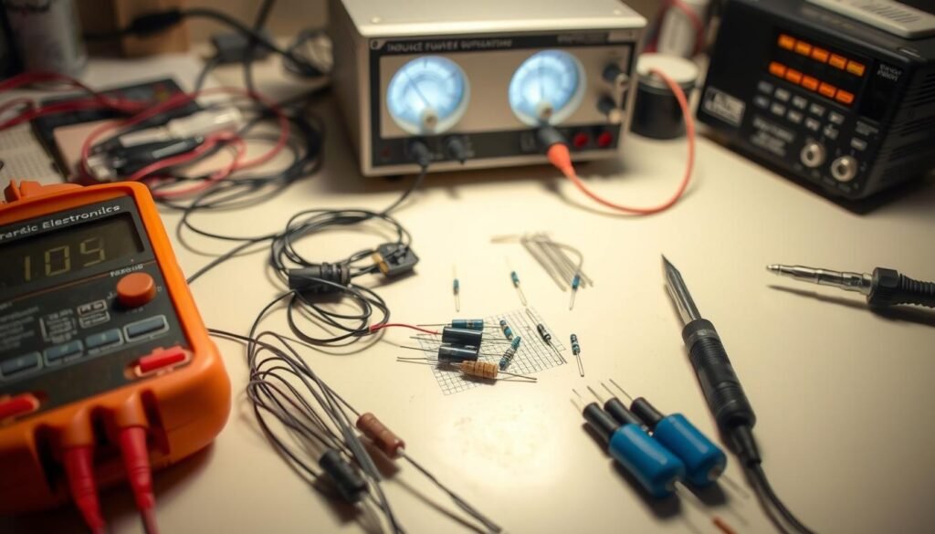 An array of Informic Electronics components on a clean workbench, including a multimeter, soldering iron, wires, resistors, capacitors, and a variable power supply. The components are neatly arranged in the foreground, with a soft, even lighting illuminating the scene. The background is blurred, creating a focus on the project materials. The overall mood is one of organized, technical precision, conveying the care and attention required for an adjustable voltage project.