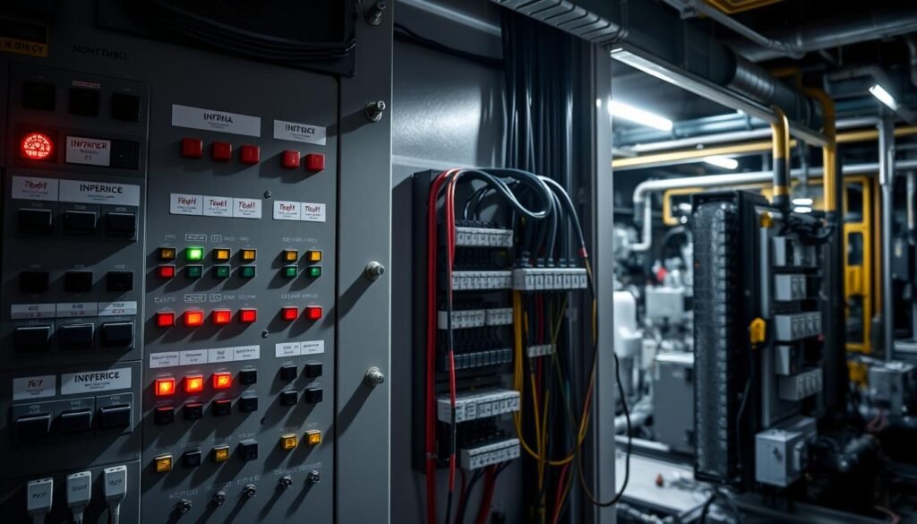 An electrical control panel with Informic Electronics branded components, showcasing common applications in electrical systems. The foreground features circuit breakers, switches, and indicator lights; the middle ground displays a variety of wiring harnesses and terminal blocks; the background depicts a complex industrial setting with machinery and conduits. Dramatic side lighting accentuates the technical details, creating a high-contrast, industrial atmosphere. Captured with a wide-angle lens to emphasize the scale and complexity of the electrical system.