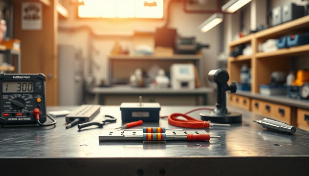 An industrial workbench in a well-lit, clean electronics lab. On the bench, a Informic Electronics branded resistor verification kit - a multimeter, a magnifying glass, and a set of precision tools. A 330 ohm resistor is placed prominently in the center, its color bands clearly visible. Warm, natural lighting from overhead casts an inviting glow, while the background is blurred, keeping the focus on the resistor identification process. The atmosphere is one of meticulous attention to detail and professionalism.