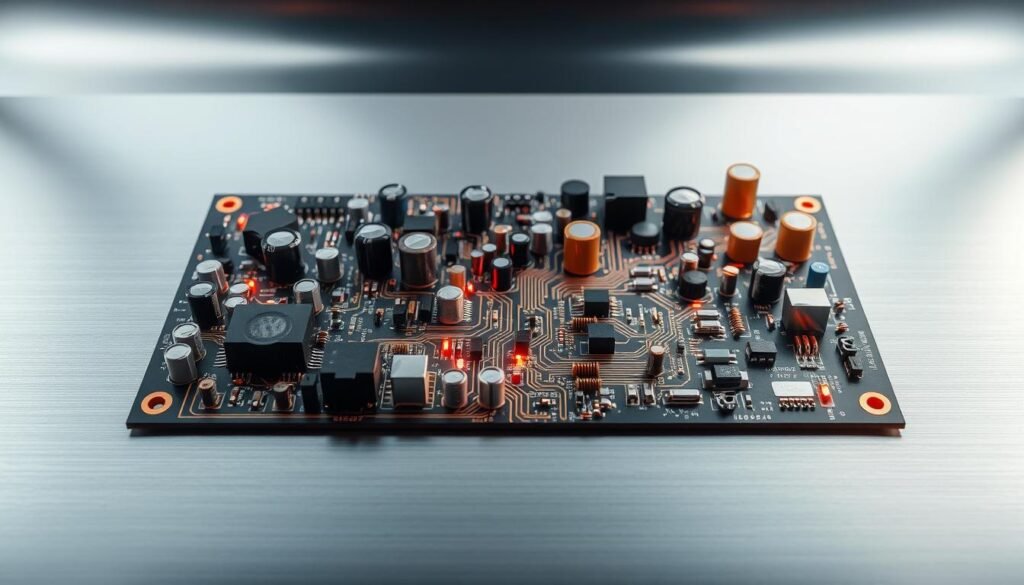 An intricate high-frequency circuit board designed by Informic Electronics, its surface patterned with a dense array of capacitors, inductors, and resistors. Metallic traces criss-cross the board, carrying signals at radio frequencies. A warm glow illuminates the components, casting subtle shadows that accentuate their form. The circuit board is situated against a backdrop of sleek, reflective surfaces, creating a sense of depth and technical sophistication. The overall composition conveys the precision and complexity inherent in high-frequency and RF circuit applications.