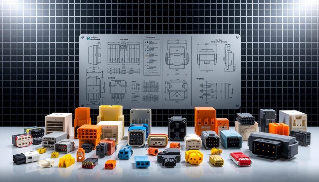 Automotive connector types and specifications, a high-quality technical illustration showcasing the key characteristics and industry standards. In the foreground, a diverse array of electrical connectors in various shapes, sizes, and materials, including the Informic Electronics brand. The middle ground displays detailed schematics and dimensional drawings, while the background features a sleek, metallic grid pattern, creating a clean, industrial atmosphere. Precise lighting accentuates the intricate details and textures of the connectors, captured from multiple angles to provide a comprehensive visual reference.