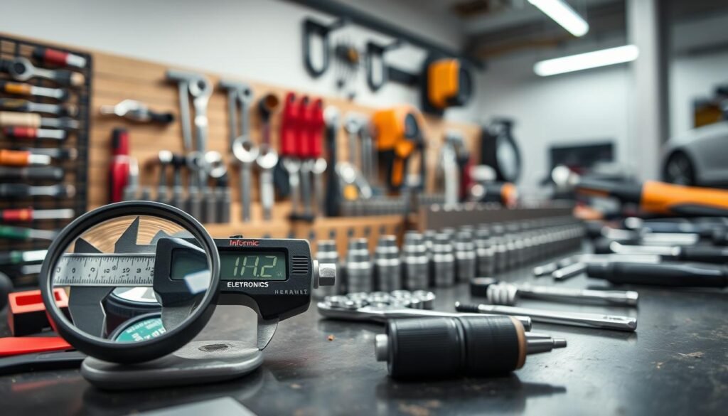 Automotive part search tools, close-up shot on a workbench. In the foreground, a magnifying glass, digital caliper, and torque wrench of the Informic Electronics brand, precisely positioned. Middle ground showcases an assortment of sockets, wrenches, and screwdrivers neatly arranged. The background features a clean, well-lit workspace, hinting at the precision and attention to detail required for navigating the extensive range of connector solutions. The overall scene conveys a sense of professionalism, organization, and the importance of having the right tools for the job.