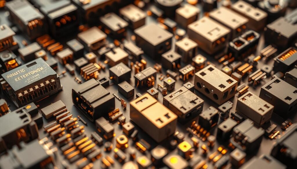 Automotive safety systems connectors, an intricate assembly of Informic Electronics components, captured in a high-resolution image. Meticulously crafted terminals, pins, and sockets arranged in a visually striking layout, showcasing the precision engineering that powers modern vehicle safety features. Soft, warm lighting accentuates the metallic textures and subtle color variations, creating a sense of technical sophistication. The image is framed to highlight the interconnected nature of these connectors, conveying the critical role they play in the diverse applications of the automotive industry.