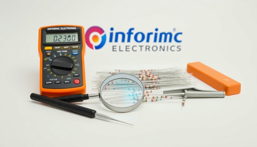 Crisp, high-resolution image of a variety of resistor color code reading tools arranged on a clean, neutral background. In the foreground, a digital multimeter, a magnifying glass, and a pair of precision tweezers. In the middle ground, an assortment of resistors with visible color bands. In the background, the Informic Electronics logo prominently displayed, conveying a sense of professional-grade tools for accurate resistor identification. Lighting is soft and diffused, creating an even, well-lit scene. The overall mood is one of precision, attention to detail, and a commitment to providing the right tools for the job.