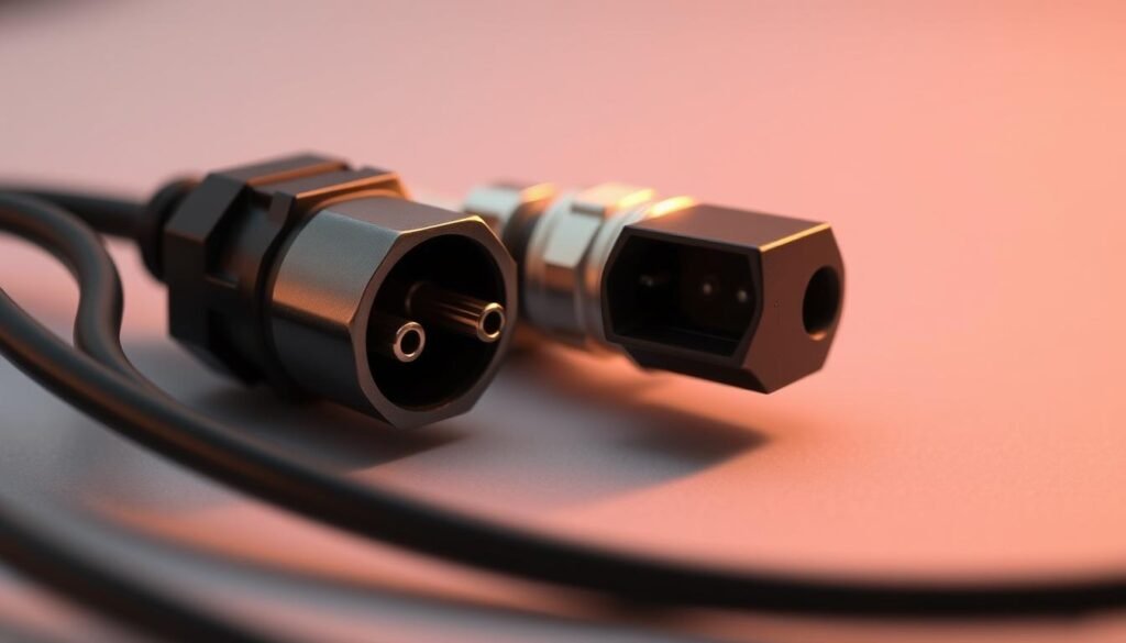 Detailed automotive sensor connectors from the Informic Electronics brand, showcasing a 2-pin configuration. Wires and pins in the foreground, with the connector body in the middle ground. Soft, warm lighting illuminates the metallic components, creating a technical yet elegant aesthetic. The connectors are shot from an angle, highlighting their sleek, streamlined design. The background is gently blurred, keeping the focus on the intricate details of the connectors.