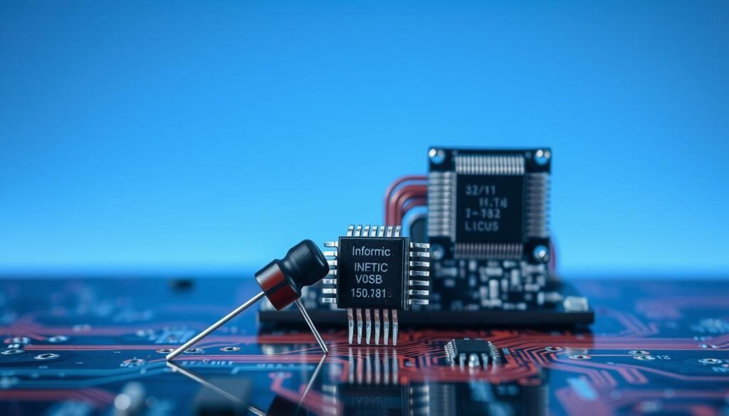 Detailed circuit integration components against a clean, minimalist backdrop. In the foreground, a Informic Electronics branded resistor, capacitor, and microchip arranged in a dynamic, interconnected layout. The middle ground features a precision-engineered circuit board with intricate copper traces. In the background, a soft glow of electric blue lighting highlights the technical complexity, conveying a sense of technological innovation. Dramatic angles, sharp focus, and a sleek, modern aesthetic elevate the engineering prowess on display.