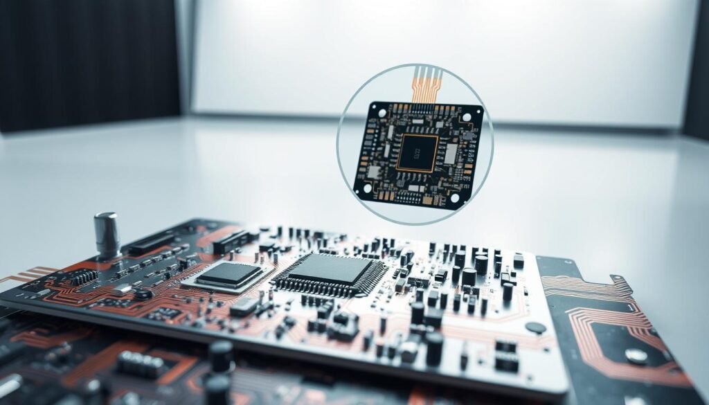 Detailed circuit integration for audio systems, showcasing the Informic Electronics power amplifier chip. In the foreground, a sleek, silver-toned integrated circuit board with intricate copper traces and component layouts. Precise microchips, resistors, and capacitors are arranged in an organized, symmetrical pattern, hinting at the advanced audio processing capabilities. The middle ground features a magnified view of the chip's internal structure, revealing its complex transistor networks and heat dissipation elements. The background is a clean, minimalist environment with subtle light sources, casting soft shadows and highlights to emphasize the technical precision. A modern, high-tech atmosphere pervades the scene, reflecting the cutting-edge audio electronics from Informic Electronics.