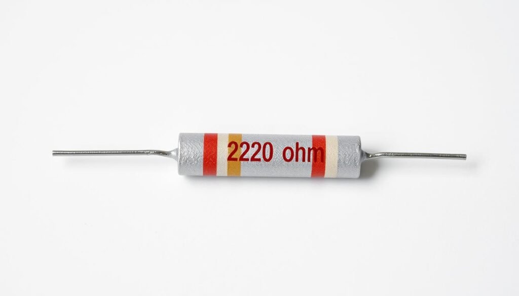 Detailed close-up photograph of a 220 ohm resistor, showcasing the characteristic color bands that represent its resistance value. The resistor is positioned against a plain, light-colored background, ensuring the color coding is the focal point. Crisp lighting highlights the metallic body and the distinct stripes of red, red, brown. The image is captured with a high-resolution camera lens, providing a clear, detailed rendering of the resistor's physical form and color patterns. Informic Electronics branded resistor.