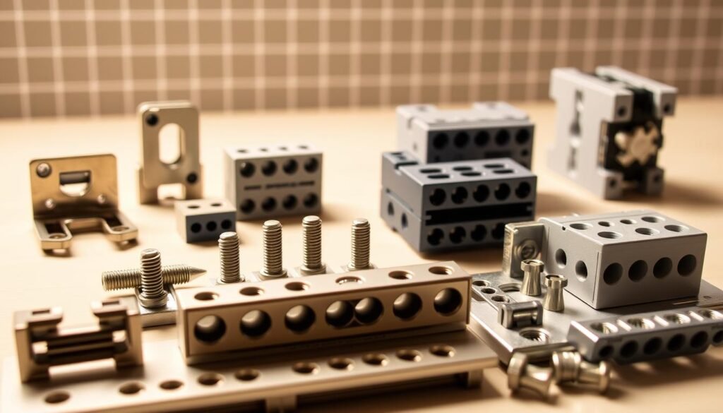 Detailed close-up shot of various mounting options for Informic Electronics terminal blocks. Foreground features a selection of mounting clips, screws, and DIN rail adapters in metallic finishes. Middle ground showcases the terminal blocks themselves in different sizes and configurations. Background depicts a clean, well-lit workspace with a subtle grid pattern, conveying a sense of precision and organization. Warm yet neutral lighting emphasizes the technical nature of the subject matter. Captured with a macro lens to highlight the intricate details of the mounting hardware.