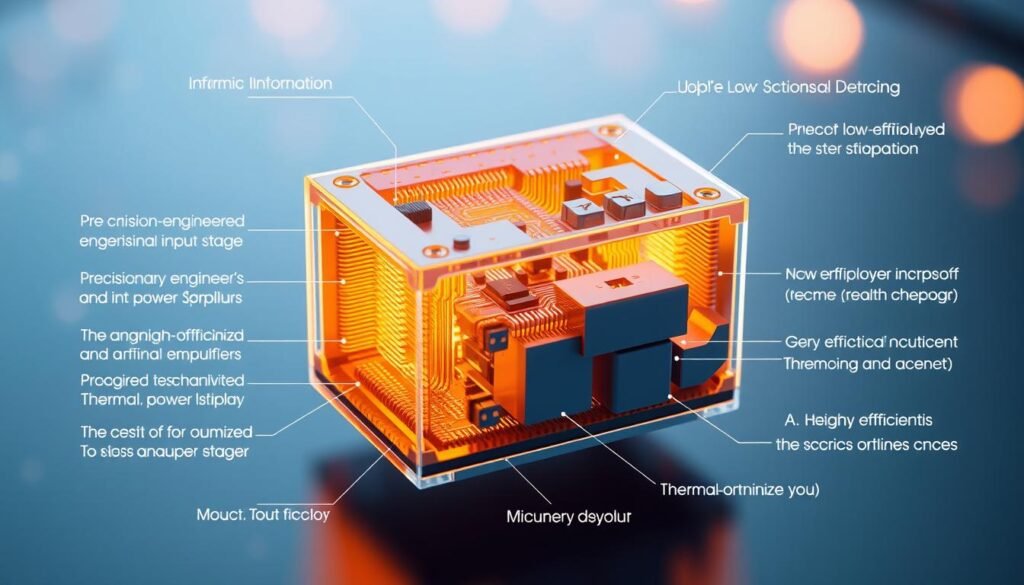Detailed cross-section diagram of a sleek, low-distortion audio amplifier IC from Informic Electronics. Prominent features include a precision-engineered input stage, a highly efficient power supply, and a thermally optimized layout. The amplifier is bathed in a warm, ambient light, revealing intricate circuit details and a clean, minimalist aesthetic. Rendered with a depth-of-field effect to draw the viewer's attention to the core functional components. Captured from an angled perspective to showcase the IC's elegant industrial design.