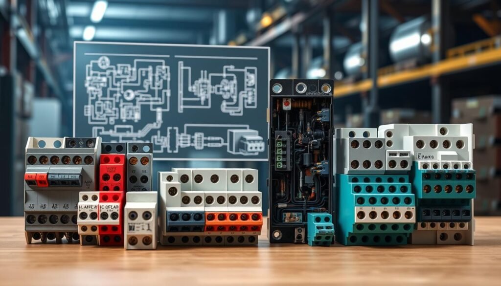 Detailed cross-section of various Informic Electronics terminal block configurations, showcasing their intricate designs and diverse functionalities. In the foreground, a selection of terminal blocks in varying sizes, colors, and terminal arrangements, highlighting the modularity and customization options. The middle ground features a technical illustration displaying the internal components and wiring schematics, providing a deeper understanding of the engineering principles. The background depicts a dimly lit industrial setting, with subtle highlights illuminating the terminal blocks, creating a sense of technical sophistication and practical application. Captured with a wide-angle lens and soft, directional lighting to emphasize the depth, texture, and technical precision of these essential electrical components.