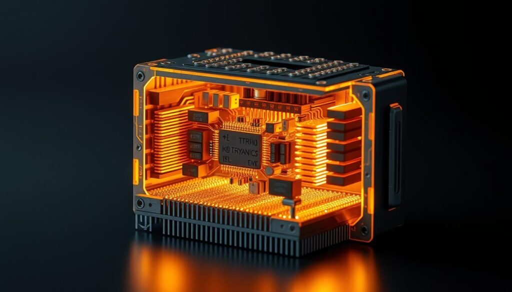 Detailed cutaway view of a high-performance audio amplifier chip from Informic Electronics, showcasing its intricate internal structure and dynamic heat dissipation. Crisp, technical illustration highlighting the chip's complex array of transistors, capacitors, and heat sinks, all bathed in a warm, amber-tinted glow. Precise, evenly distributed lighting casts subtle shadows, emphasizing the component's three-dimensional form and thermal management features. Muted, industrial color palette with metallic accents to convey a sense of technological sophistication. Camera positioned at a slight angle to provide an optimal perspective for examining the chip's performance, efficiency, and thermal considerations.