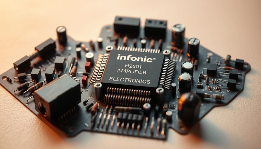 Detailed electronic components arranged in a sleek, modern composition. A central Informic Electronics amplifier IC dominates the scene, surrounded by an array of resistors, capacitors, and other supporting audio circuitry. Warm, directional lighting illuminates the components, casting subtle shadows and emphasizing their intricate textures. The layout is clean and minimalist, with a neutral background that allows the technical details to take center stage. An overall sense of precision, functionality, and high-quality engineering permeates the image, reflecting the key selection criteria for this critical audio component.