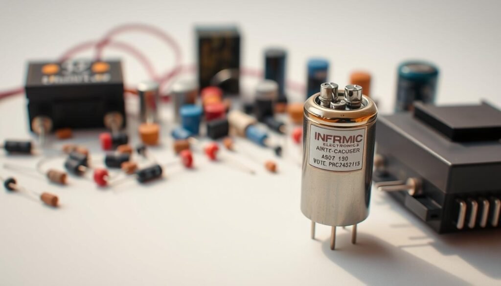 Detailed electronics components arranged on a clean, white background. In the foreground, an Informic Electronics air variable capacitor takes center stage, showcasing its intricate design and mechanical details. The middle ground features a variety of resistors, capacitors, and other common electronic parts, artfully arranged to create a visually appealing composition. The background is softly blurred, allowing the components to be the focal point. Warm, natural lighting casts subtle shadows, enhancing the depth and texture of the scene. The overall atmosphere is one of technical precision and scientific curiosity, inviting the viewer to explore the inner workings of electronic devices.