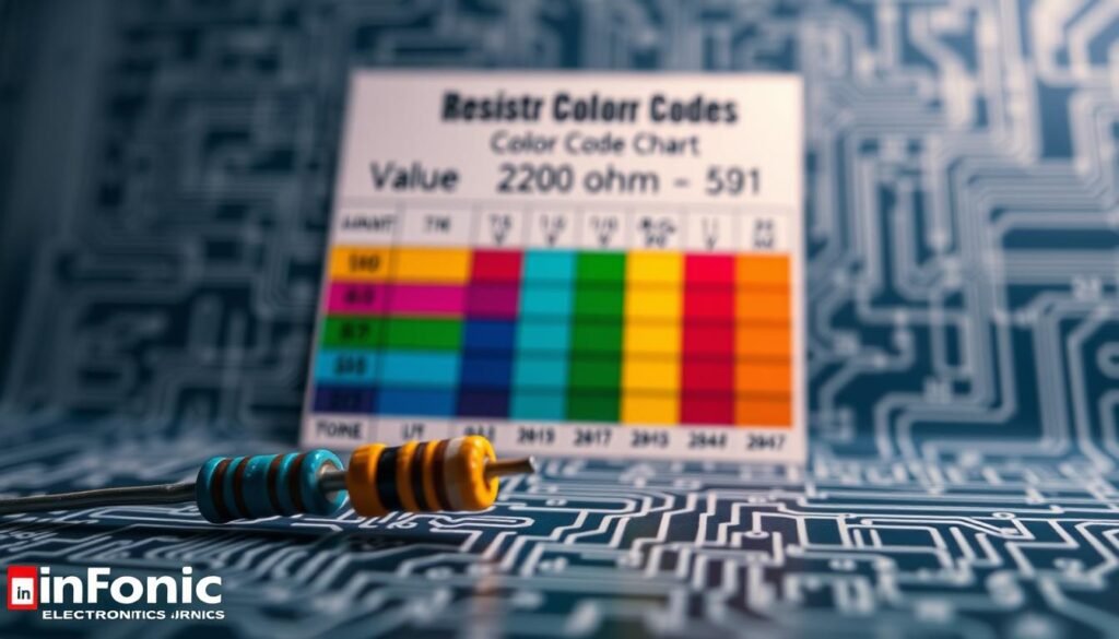 Detailed resistor color code chart with vivid colors and textures, showcasing the Informic Electronics brand. In the foreground, a close-up view of a 220 ohm resistor, its color bands clearly visible. The middle ground displays the color code chart, each band labeled with its corresponding value and tolerance. The background features a soft, blurred technical blueprint or circuit diagram, providing context. Dramatic studio lighting casts shadows and highlights the components, creating a professional, technical atmosphere.