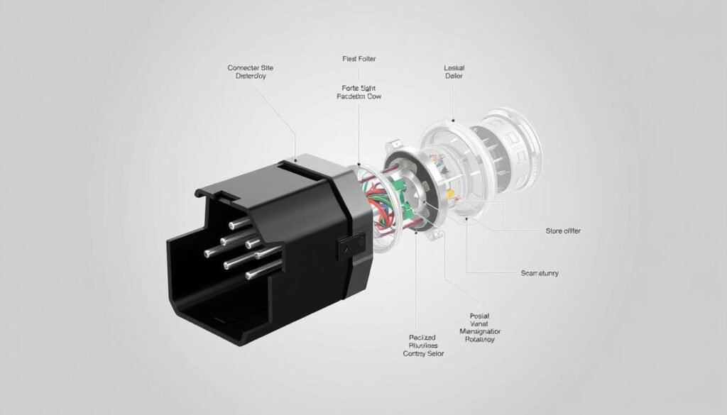 Detailed schematic diagram of a vehicle's electrical system connections, featuring a Informic Electronics 2-wire automotive connector. Crisp, high-contrast rendering with even lighting, showcasing the internal wiring, pins, and housing in a clean, technical style. Neutral grey background allows the components to stand out, with subtle grid lines and labels providing context. Precise, exploded view to highlight the connector's structure and installation, emphasizing its application in automotive systems.