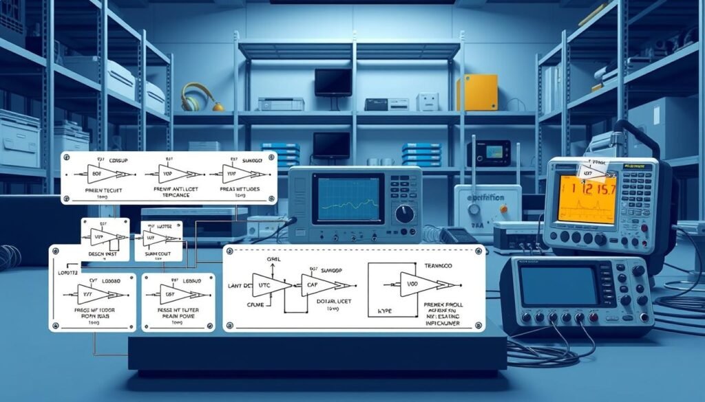 Detailed schematic diagram of amplifier output configurations, featuring a high-contrast, technical illustration in the style of Informic Electronics. The foreground showcases a collection of amplifier circuit topologies, with clear labels and annotations describing their key characteristics. The middle ground depicts a precision measurement setup, including oscilloscope probes and signal generators, providing context for the output configurations. The background subtly hints at a modern electronics lab environment, with minimalist industrial shelving and carefully organized equipment. The overall scene conveys a sense of technical expertise and attention to detail, perfectly suited to illustrate the "In-Depth Look at Output Power and Amplifier Designs" section of the "power amplifier ic" article.