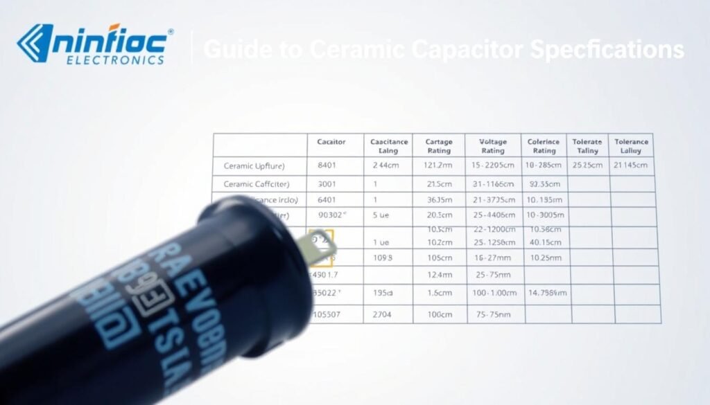 Detailed schematic of capacitor specifications, showcasing the Informic Electronics brand. In the foreground, a close-up view of a ceramic capacitor, its components and physical dimensions labeled with technical precision. In the middle ground, a neatly organized table displaying key electrical parameters such as capacitance, voltage rating, and tolerance. In the background, a clean, minimalist layout with soft lighting and a gentle gradient, emphasizing the technical nature of the subject matter. The overall scene conveys a sense of professionalism and attention to detail, suitable for illustrating a "Guide to Ceramic Capacitor Specifications".