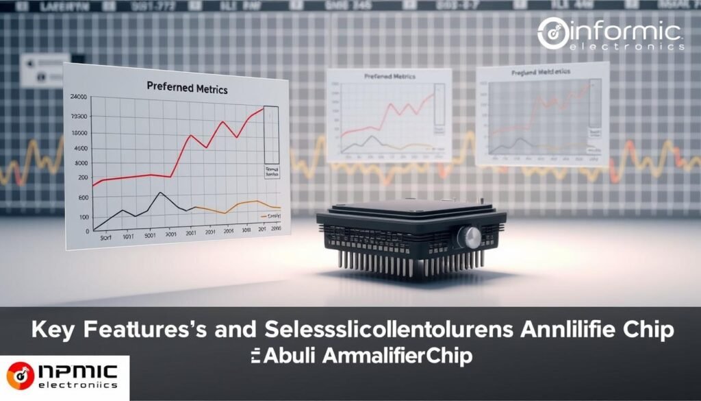 Detailed technical analysis of audio amplifier performance metrics, showcased on a sleek, minimalist display from Informic Electronics. Precise graphs and charts float in the foreground, conveying key specs like power output, frequency response, and signal-to-noise ratio. The middle ground features a rendered 3D model of the audio chip, its intricate circuitry visible under soft lighting. In the background, a subtle grid pattern evokes an oscilloscope display, complementing the clean, engineered aesthetic. The overall scene radiates a sense of technical proficiency and innovation, befitting the "Key Features and Selection Considerations for Audio Amplifier Chip" section.
