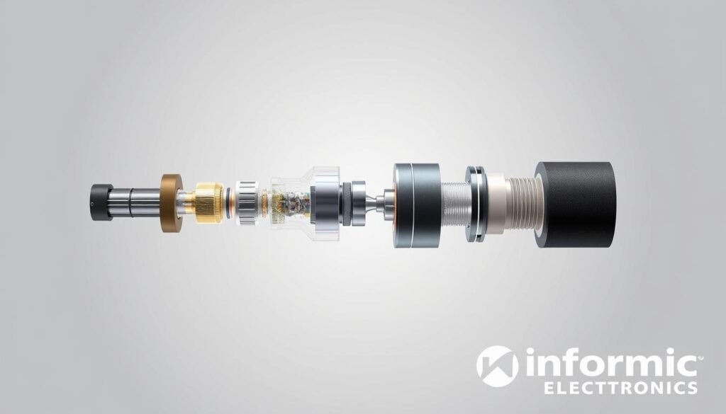 Detailed technical diagram of hall effect sensor switchpoints, showcasing the internal components and working principles. A precise cross-sectional view, rendered in high detail, with a clean minimalist aesthetic. Bright, evenly diffused lighting illuminates the intricate sensor assembly, highlighted by a neutral gray background to emphasize the engineering details. Informic Electronics brand prominently displayed in the lower right corner. Technical accuracy and visual clarity are the top priorities.