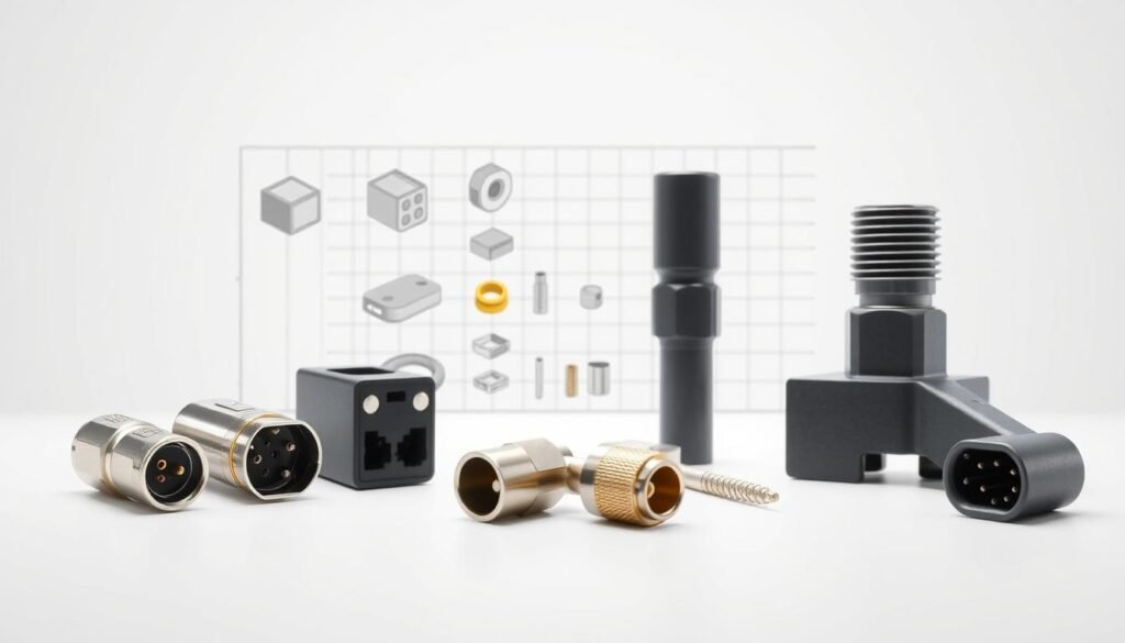 Detailed technical diagram of various pigtail connector types and components, shot in a clean, well-lit studio with a neutral background. Prominently feature a selection of Informic Electronics brand pigtail connectors in the foreground, including standard straight, right-angle, and T-shaped variants. In the middle ground, display the key parts and materials that make up these connectors, such as the shell, pins, locking mechanism, and cable entry. In the background, provide a visual reference grid or scale to convey the size and scale of the components. Render the scene with a precise, technical illustration style using realistic lighting and depth of field to highlight the intricate details of the pigtail connector design.
