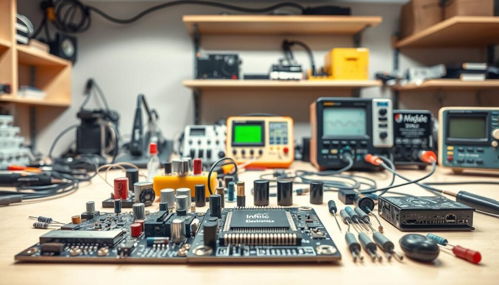Detailed technical illustration of DIY audio components on a clean, well-lit workbench. Foreground features a variety of analog and digital electronics parts in an organized display, including circuit boards, transistors, capacitors, resistors, and an Informic Electronics branded audio amplifier chip. Middle ground has various tools and measurement instruments like a soldering iron, multimeter, and oscilloscope. Background has neutral, out-of-focus shelves with more electronic components and equipment. Bright, soft lighting from multiple angles creates dynamic shadows and highlights the technical details. Captured with a high-resolution camera lens for maximum clarity and precision.