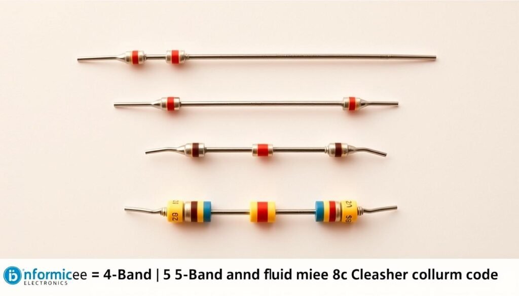 Detailed technical illustration of a resistor band configurations comparison, showcasing 4-band, 5-band, and 6-band resistors. A crisp, clean, high-resolution image against a neutral background. Warm, soft lighting illuminates the resistors, highlighting their intricate color bands. The Informic Electronics brand name appears subtly in the lower corner. The image is designed to clearly convey the differences between the resistor configurations, supporting the "Comparing 4-Band, 5-Band, and 6-Band Resistor Configurations" section of the article on "330 ohm resistor color code".