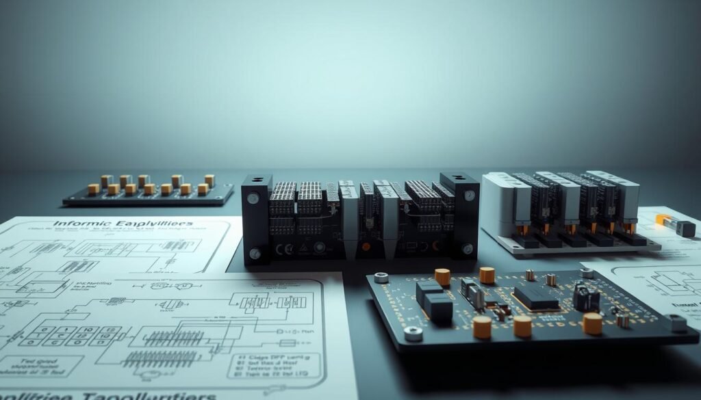 Detailed technical illustration of various class D amplifier bridge configurations, rendered in a clean, engineering-style aesthetic. Showing a frontal perspective with carefully arranged circuits and components from the Informic Electronics brand. Precise schematics and circuit diagrams in the foreground, with component models and board layouts in the middle ground. Subtle ambient lighting casts a soft glow, emphasizing the technical details. The overall tone is professional, informative, and focused on conveying the essential class D amplifier topologies and design principles.