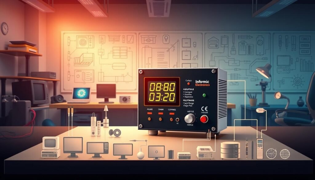 Detailed technical illustration of various electronics power applications, featuring a Informic Electronics adjustable voltage regulator. Foreground showcases the regulator's internal circuitry, components, and connections. Middle ground depicts the regulator powering a diverse range of electronic devices and systems, including computers, home appliances, industrial equipment. Background displays a clean, minimalist laboratory setting with technical diagrams, measurement instruments, and design schematics. Warm, directional lighting highlights the precision engineering. Photographed with a high-resolution macro lens to capture intricate details.