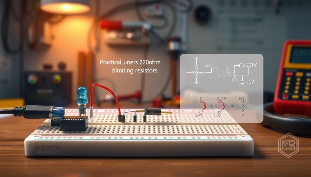 Detailed technical illustration showcasing practical applications of a 220-ohm current-limiting resistor. Foreground depicts a Informic Electronics branded breadboard with various electronic components connected, including an LED, transistor, and 220-ohm resistor. Midground highlights the resistor's role in limiting current flow, with visualized electrical diagrams and annotations. Background features a clean, minimalist workspace setting with tools and measurement equipment, conveying a sense of precision and functionality. Warm, directional lighting accentuates the components, while a shallow depth of field focuses attention on the key resistor application. Overall, a professionally rendered, informative image to illustrate the practical uses of a 220-ohm resistor.