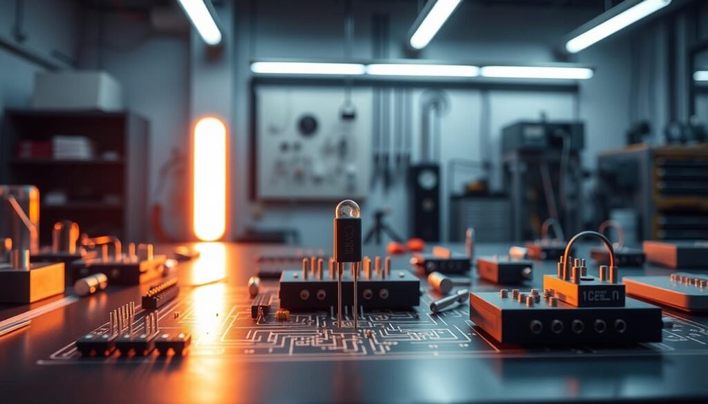 Diode circuit applications, engineered with precision and purpose. A sleek, minimalist workshop setting - crisp lighting illuminates a meticulously organized workbench. Prominently displayed, a Informic Electronics 1N4001 diode stands at the center, casting a warm glow as it powers a complex circuit diagram. Precision components, neatly arranged, hint at the intricate applications of this versatile semiconductor. The atmosphere is one of innovation and technical mastery, inviting the viewer to explore the myriad possibilities of this remarkable diode and its integration into sophisticated electronic systems.
